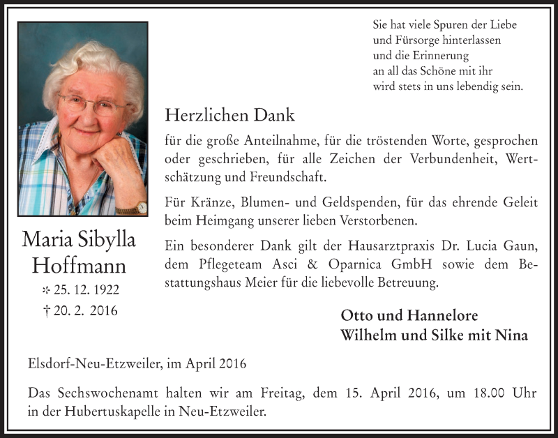  Traueranzeige für Maria Sibylla Hoffmann vom 06.04.2016 aus  Werbepost 