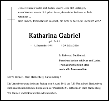 Anzeige von Katharina Gabriel von Kölner Stadt-Anzeiger / Kölnische Rundschau / Express