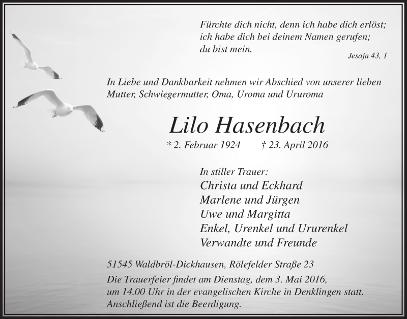  Traueranzeige für Lilo Hasenbach vom 27.04.2016 aus  Lokalanzeiger 
