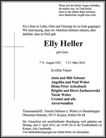 Anzeige von Elly Heller von  Sonntags-Post 
