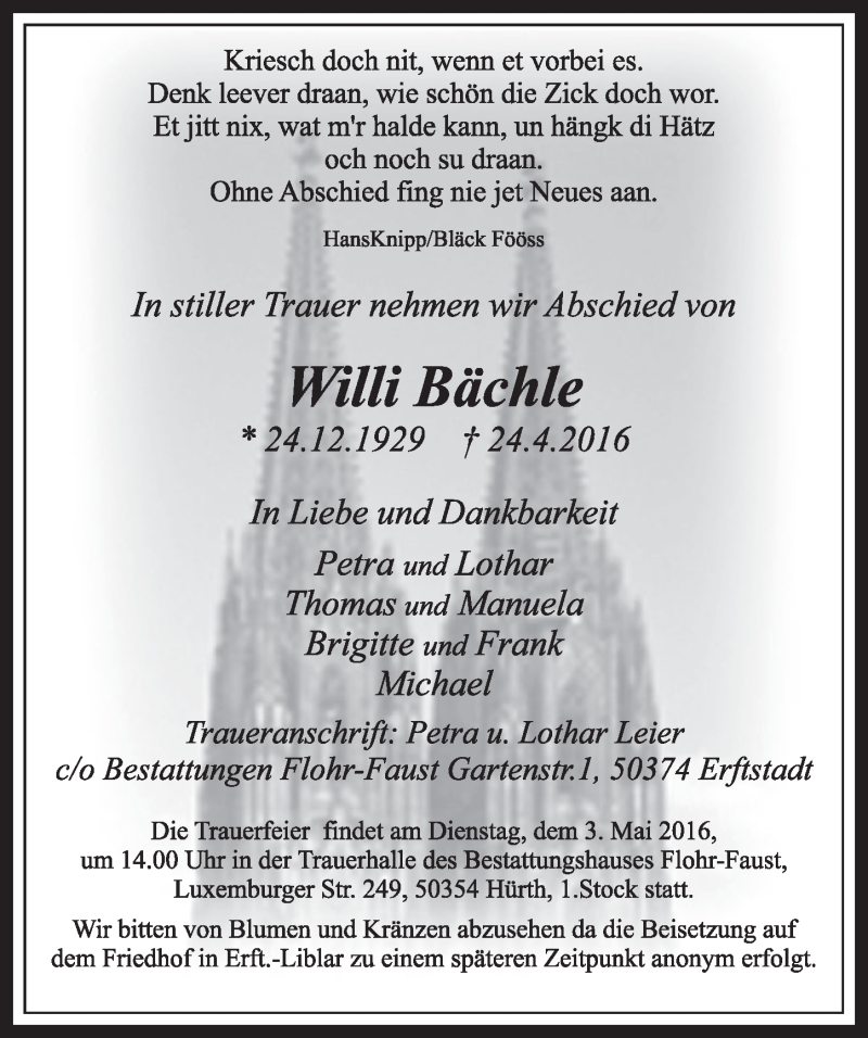  Traueranzeige für Willi Bächle vom 30.04.2016 aus  Sonntags-Post 