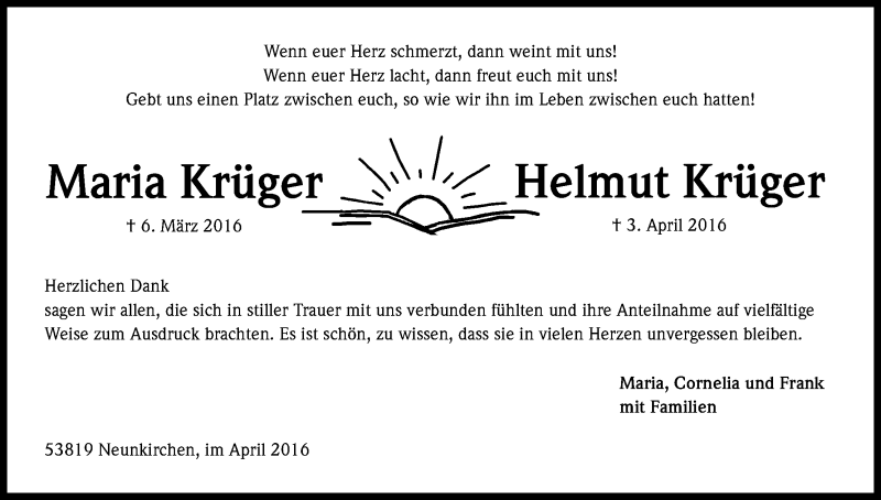  Traueranzeige für Maria und Helmut Krüger vom 29.04.2016 aus Kölner Stadt-Anzeiger / Kölnische Rundschau / Express
