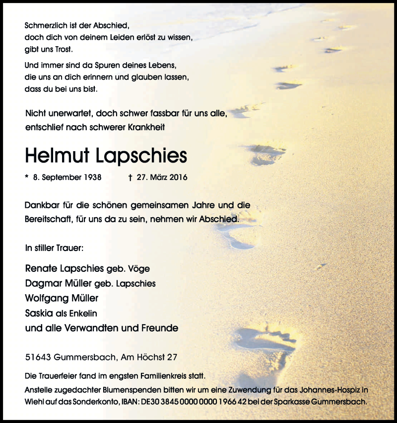  Traueranzeige für Helmut Lapschies vom 06.04.2016 aus Kölner Stadt-Anzeiger / Kölnische Rundschau / Express