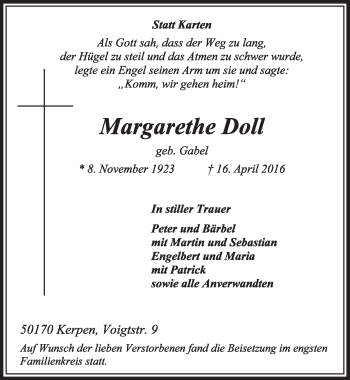 Anzeige von Margarethe Doll von  Sonntags-Post 