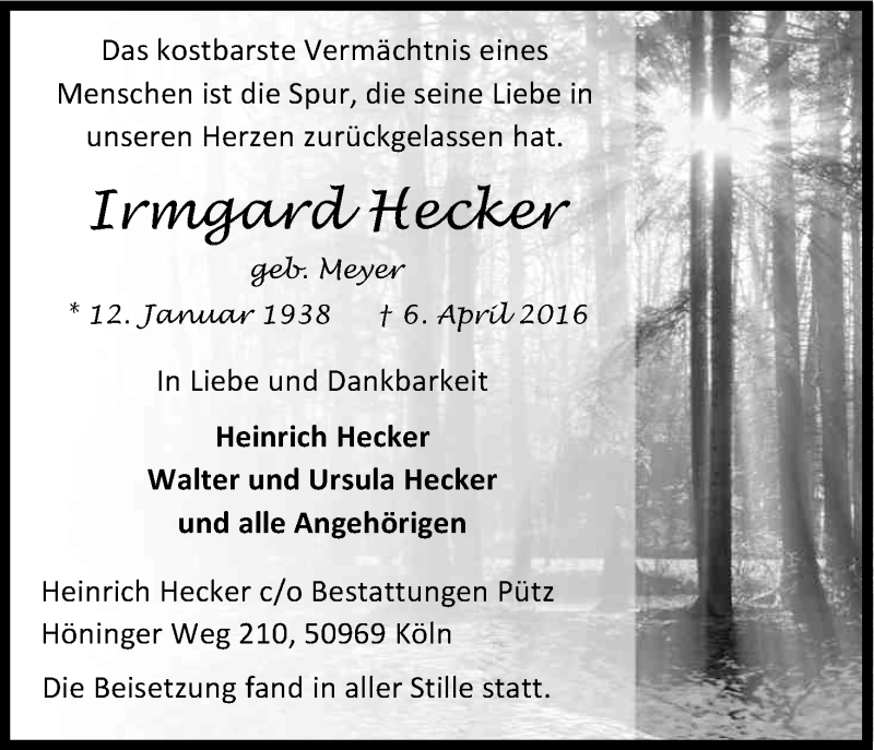  Traueranzeige für Irmgard Hecker vom 09.04.2016 aus Kölner Stadt-Anzeiger / Kölnische Rundschau / Express
