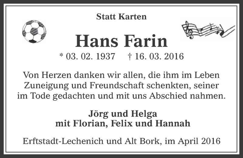  Traueranzeige für Hans Farin vom 20.04.2016 aus  Werbepost 
