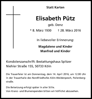 Anzeige von Elisabeth Pütz von Kölner Stadt-Anzeiger / Kölnische Rundschau / Express