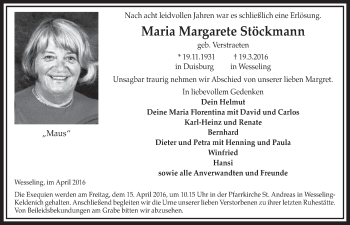 Anzeige von Maria Margarete Stöckmann von  Schlossbote/Werbekurier 