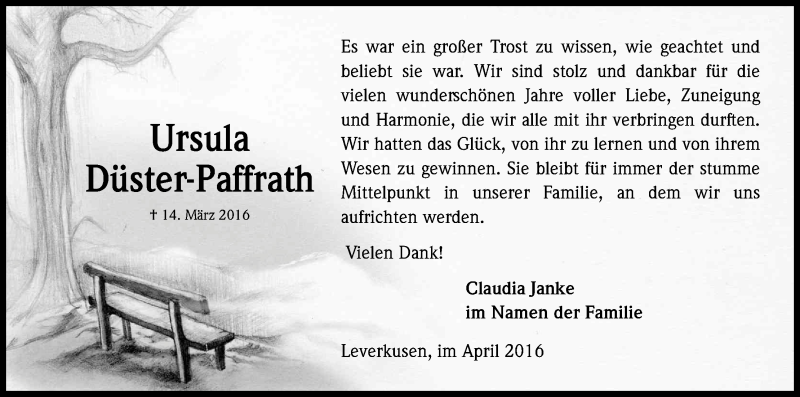  Traueranzeige für Ursula Düster-Paffrath vom 20.04.2016 aus Kölner Stadt-Anzeiger / Kölnische Rundschau / Express