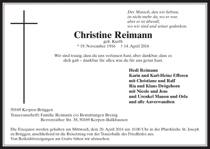  Traueranzeige für Christine Reimann vom 20.04.2016 aus  Werbepost 