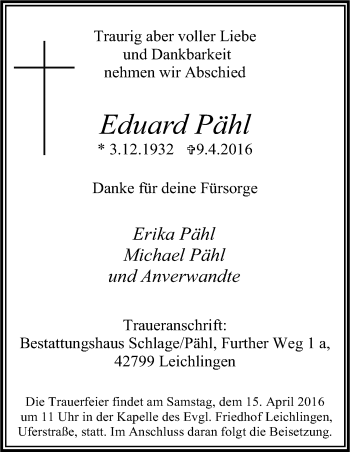 Anzeige von Eduard Pähl von Kölner Stadt-Anzeiger / Kölnische Rundschau / Express