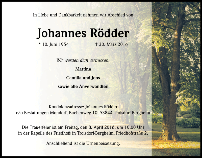  Traueranzeige für Johannes Rödder vom 02.04.2016 aus Kölner Stadt-Anzeiger / Kölnische Rundschau / Express