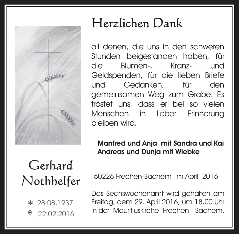  Traueranzeige für Gerhard Nothhelfer vom 20.04.2016 aus  Wochenende 
