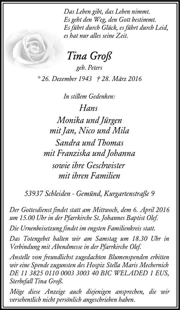  Traueranzeige für Tina Groß vom 02.04.2016 aus Kölner Stadt-Anzeiger / Kölnische Rundschau / Express