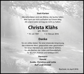 Anzeige von Christa Klähs von Kölner Stadt-Anzeiger / Kölnische Rundschau / Express