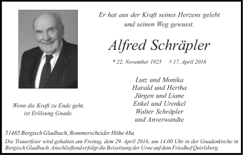 Anzeige von Alfred Schräpler von Kölner Stadt-Anzeiger / Kölnische Rundschau / Express