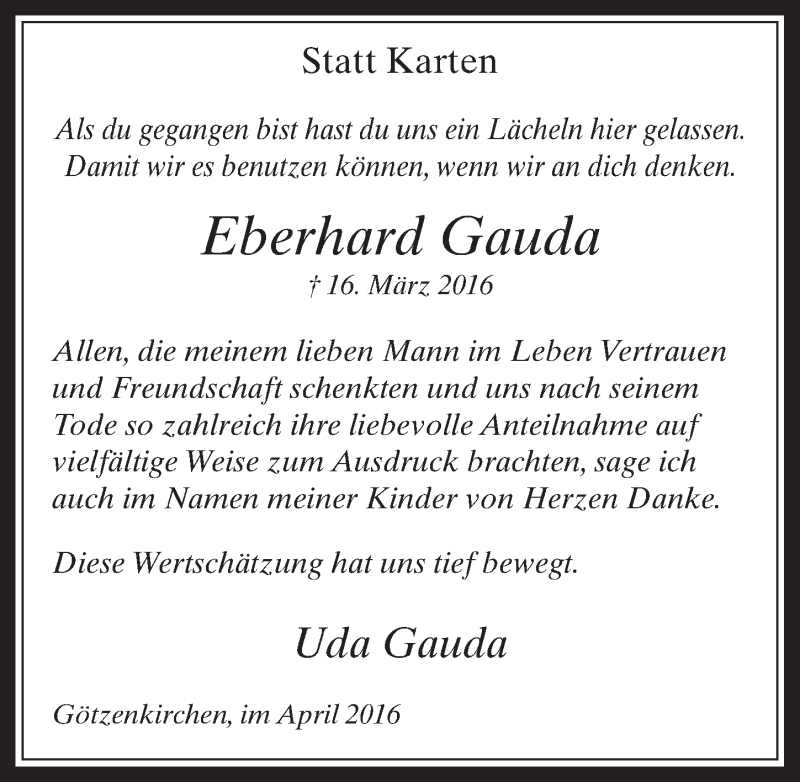  Traueranzeige für Eberhard Gauda vom 27.04.2016 aus  Werbepost 