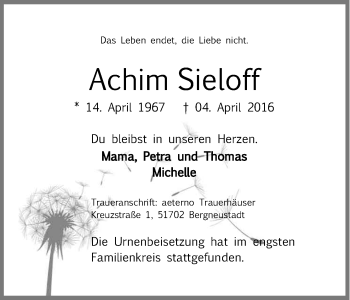 Anzeige von Achim Sieloff von Kölner Stadt-Anzeiger / Kölnische Rundschau / Express