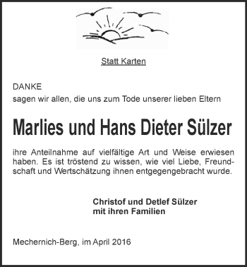 Anzeige von Marlies und Hans Dieter Sülzer von  Schlossbote/Werbekurier 