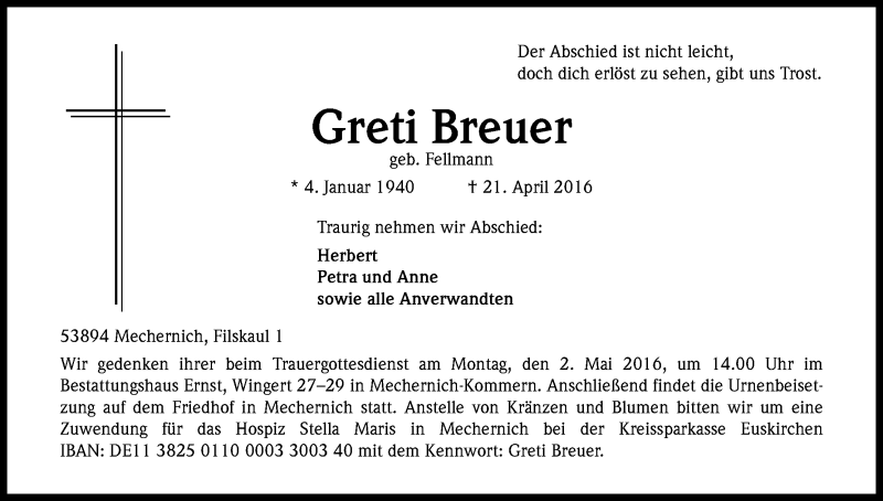  Traueranzeige für Greti Breuer vom 27.04.2016 aus Kölner Stadt-Anzeiger / Kölnische Rundschau / Express