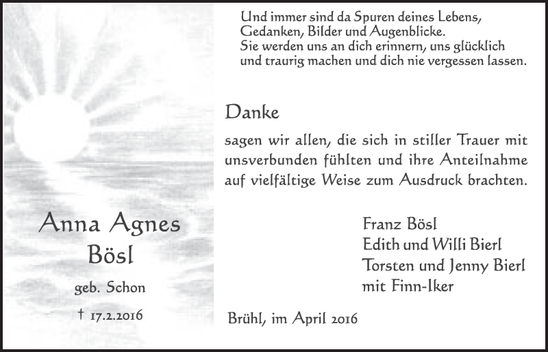  Traueranzeige für Anna Agnes Bösl vom 27.04.2016 aus  Schlossbote/Werbekurier 