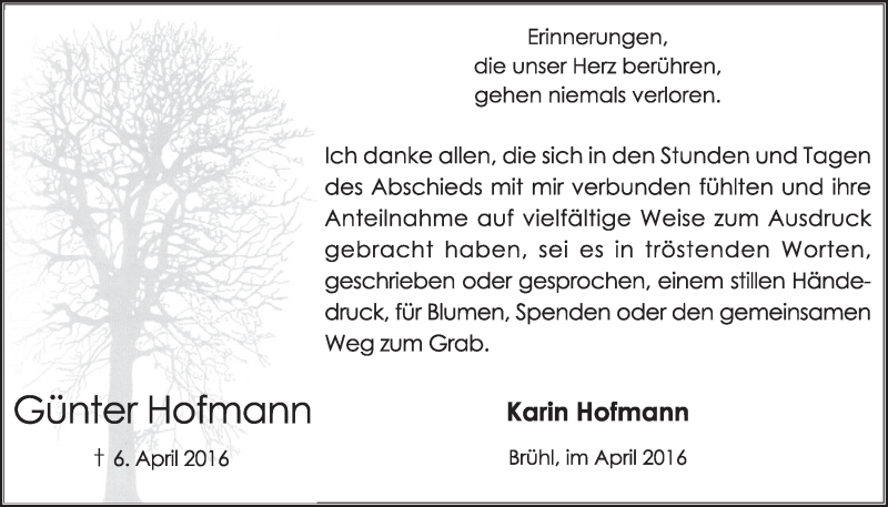  Traueranzeige für Günter Hofmann vom 27.04.2016 aus  Schlossbote/Werbekurier 