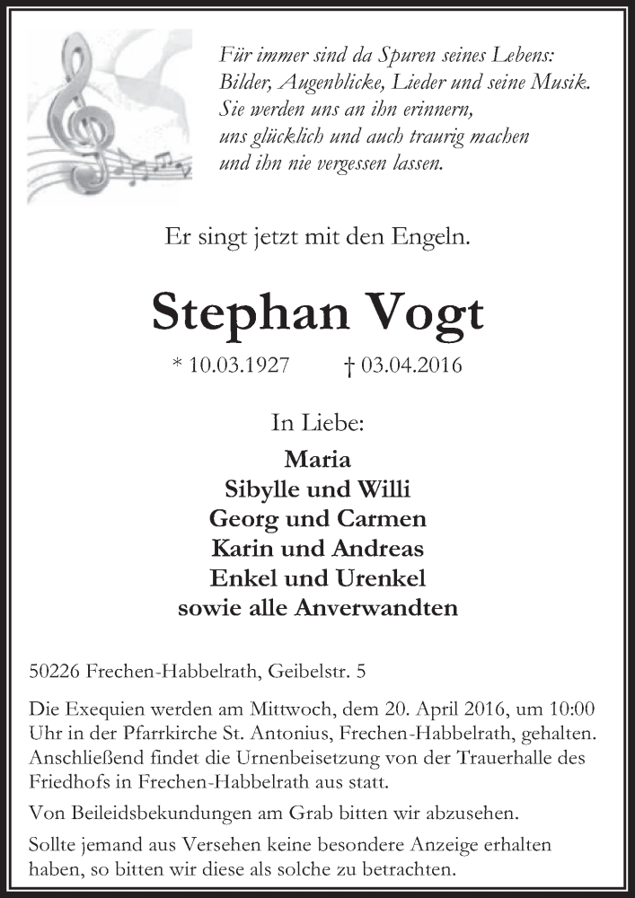  Traueranzeige für Stephan Vogt vom 16.04.2016 aus  Sonntags-Post 