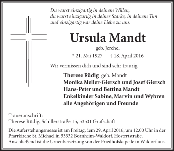 Anzeige von Ursula Mandt von  Schlossbote/Werbekurier 
