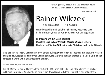 Anzeige von Rainer Wilczek von Kölner Stadt-Anzeiger / Kölnische Rundschau / Express