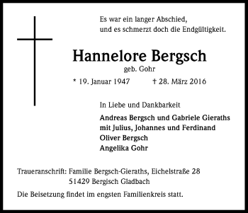 Anzeige von Hannelore Bergsch von Kölner Stadt-Anzeiger / Kölnische Rundschau / Express