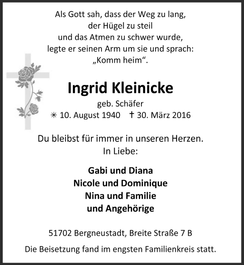  Traueranzeige für Ingrid Kleinicke vom 13.04.2016 aus  Anzeigen Echo 