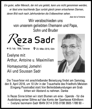 Anzeige von Reza Sadr von Kölner Stadt-Anzeiger / Kölnische Rundschau / Express