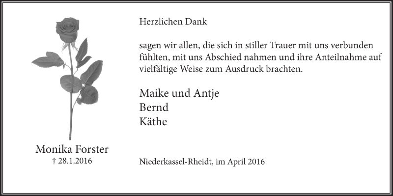  Traueranzeige für Monika Forster vom 13.04.2016 aus  Extra Blatt 