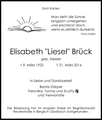 Anzeige von Elisabeth Brück von Kölner Stadt-Anzeiger / Kölnische Rundschau / Express