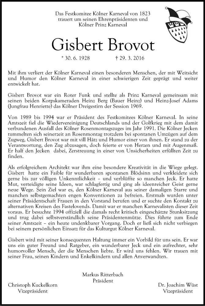  Traueranzeige für Gisbert Brovot vom 02.04.2016 aus Kölner Stadt-Anzeiger / Kölnische Rundschau / Express