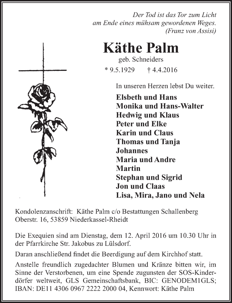  Traueranzeige für Käthe Palm vom 09.04.2016 aus  Rhein-Sieg-Wochenende 