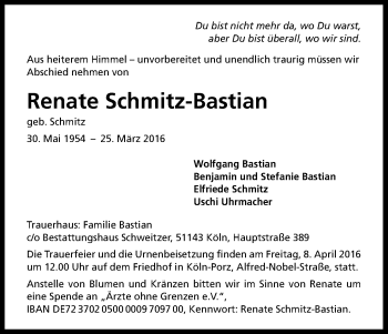 Anzeige von Renate Schmitz-Bastian von Kölner Stadt-Anzeiger / Kölnische Rundschau / Express