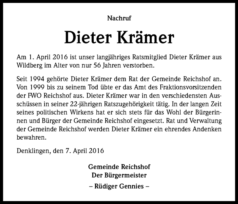  Traueranzeige für Dieter Krämer vom 07.04.2016 aus Kölner Stadt-Anzeiger / Kölnische Rundschau / Express