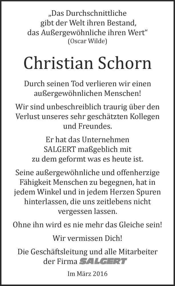  Traueranzeige für Christian Schorn vom 02.04.2016 aus  Blickpunkt Euskirchen 