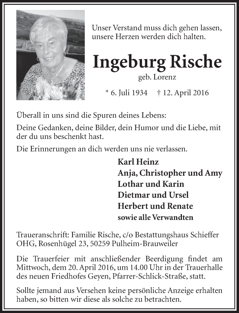  Traueranzeige für Ingeburg Rische vom 16.04.2016 aus  Sonntags-Post 