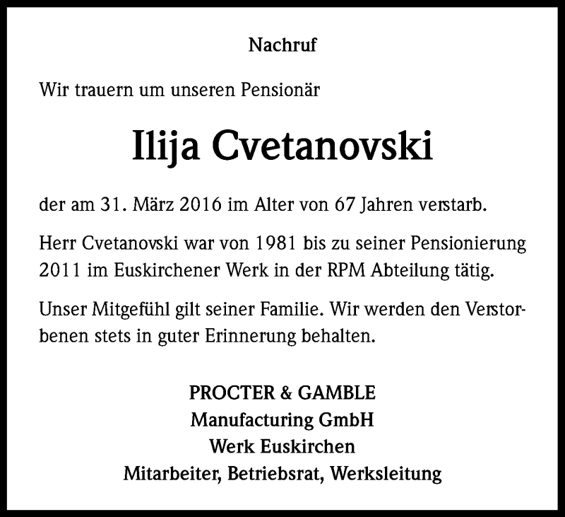  Traueranzeige für Ilija Cvetanovski vom 13.04.2016 aus Kölner Stadt-Anzeiger / Kölnische Rundschau / Express