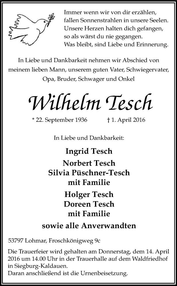  Traueranzeige für Wilhelm Tesch vom 09.04.2016 aus Kölner Stadt-Anzeiger / Kölnische Rundschau / Express