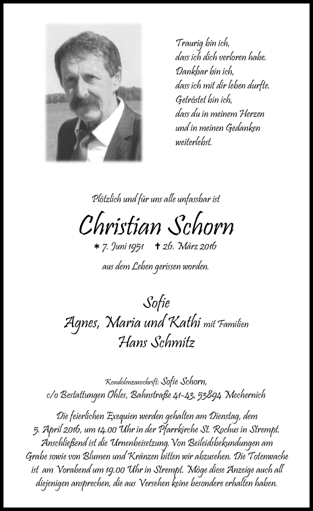  Traueranzeige für Christian Schorn vom 02.04.2016 aus  Blickpunkt Euskirchen 