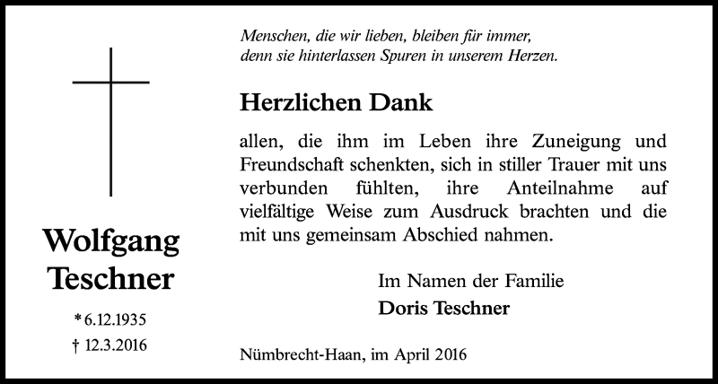  Traueranzeige für Wolfgang Teschner vom 20.04.2016 aus  Lokalanzeiger 