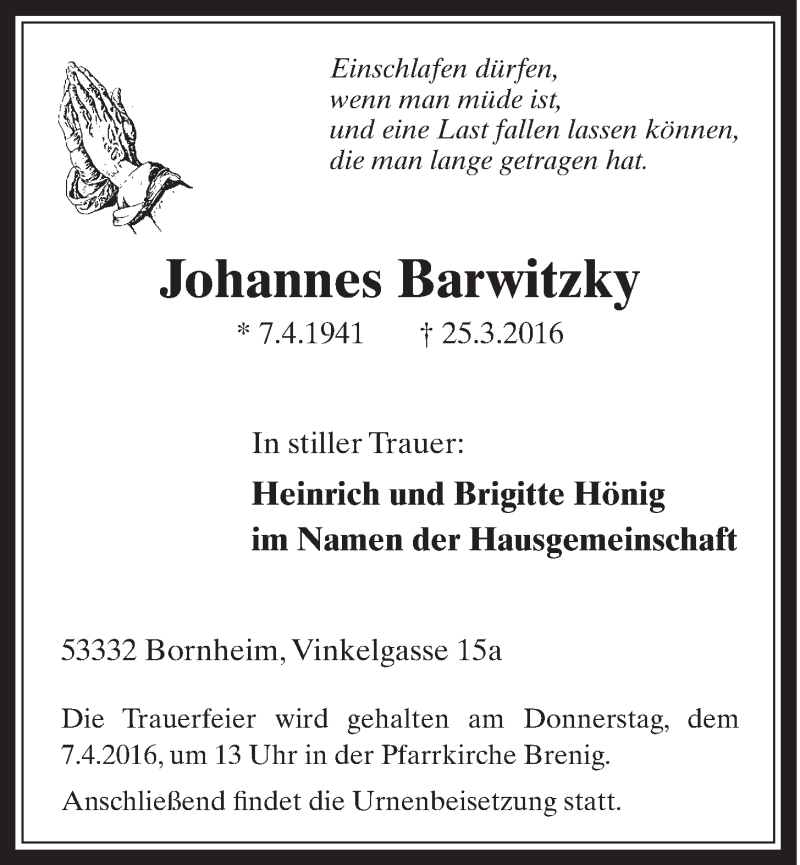  Traueranzeige für Johannes Barwitzky vom 06.04.2016 aus  Schaufenster/Blickpunkt 