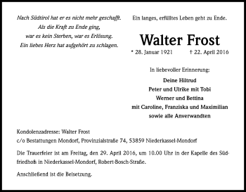 Anzeige von Walter Frost von Kölner Stadt-Anzeiger / Kölnische Rundschau / Express