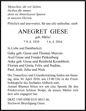 Anzeige von Anegret Giese von Kölner Stadt-Anzeiger / Kölnische Rundschau / Express