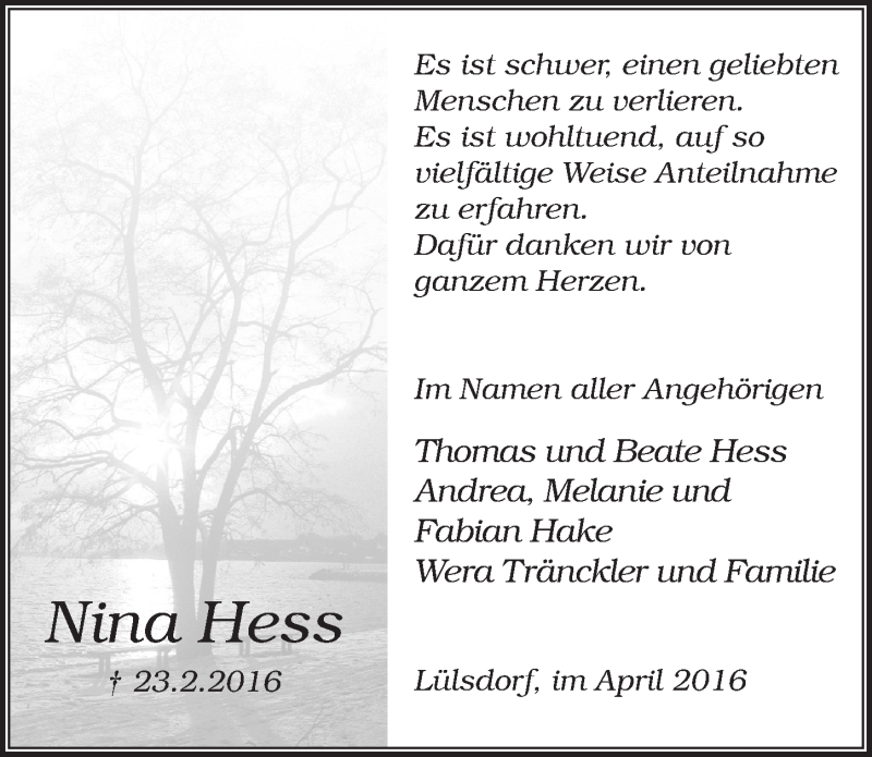  Traueranzeige für Nina Hess vom 06.04.2016 aus  Extra Blatt 