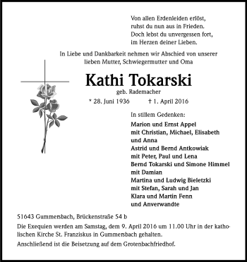Anzeige von Kathi Tokarski von Kölner Stadt-Anzeiger / Kölnische Rundschau / Express