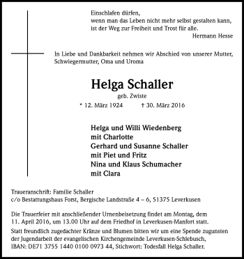 Anzeige von Helga Schaller von Kölner Stadt-Anzeiger / Kölnische Rundschau / Express